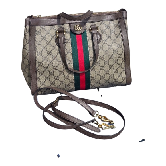 Gucci Beige Brown Tote Crossbody Bag Stripe Removable Strap Medium 10x13 Women - Picture 1 of 16